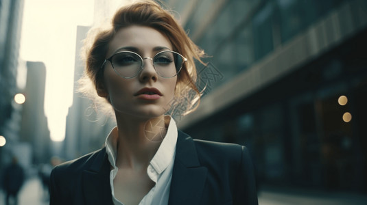 无框眼镜戴金属框墨镜的自信女性肖像背景