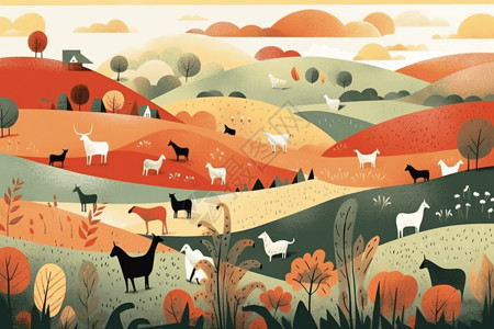 圈养农场生活的动物插画