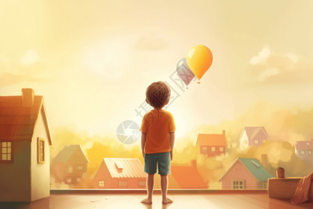 背影气球男孩正在看远处的气球插画