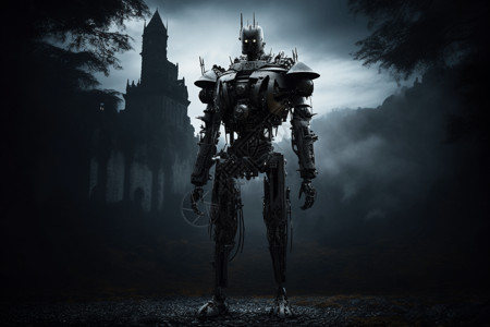 哥特式城堡诡异城堡前的机器人设计图片