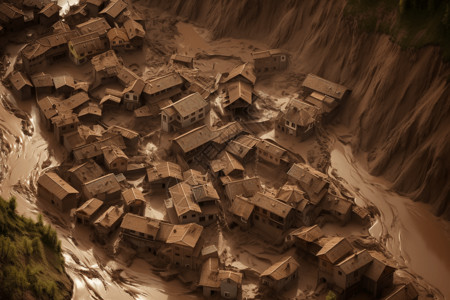 泥石流吞没村庄粘土模型高清图片