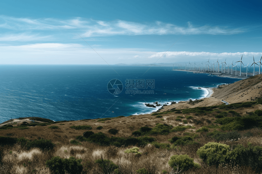 海边远处风电场的全景图片