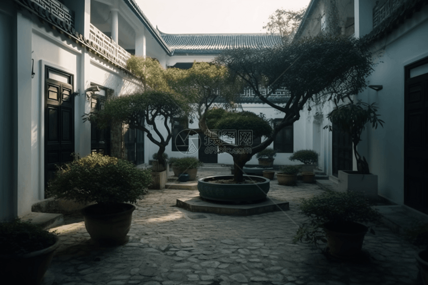 中式庭院和盆景图片