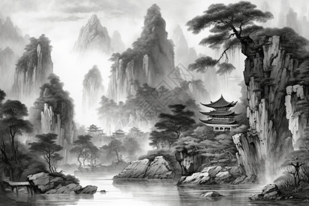 中国园林岩层和瀑布图片