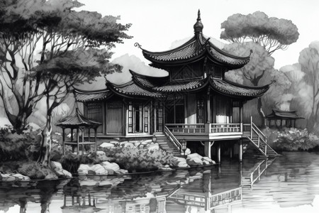 中式水墨建筑背景图片