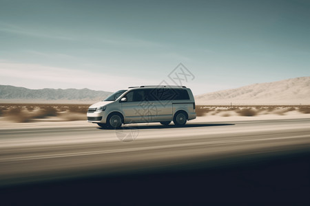在沙漠公路上高速行驶的商务车背景图片