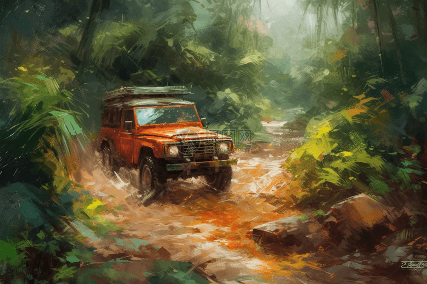 一辆在丛林中导航的SUV插图图片