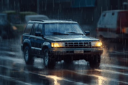 雨天驾驶在雨天行驶的SUV手绘插图插画