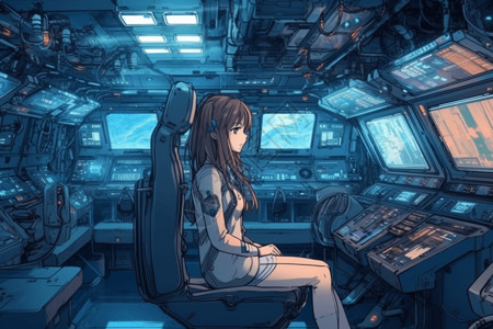 宇宙飞船中的动漫女孩创意插图背景图片