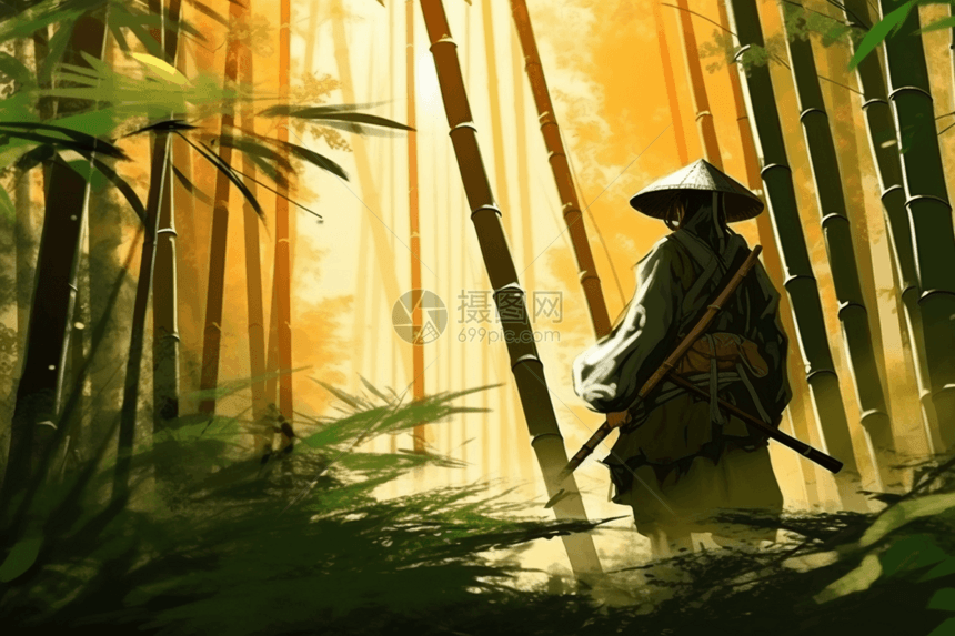 竹林中的动漫武士插图图片