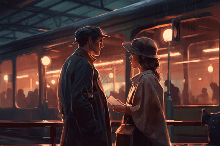 情侣火车站情侣在等待火车特写插图插画