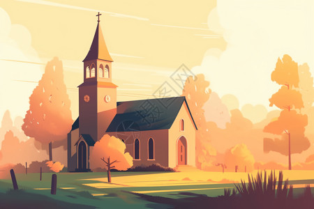 乡村中庄严的教堂艺术插图背景图片