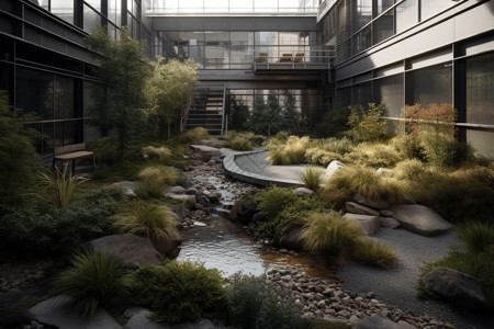 工业建筑内自然元素场景背景图片