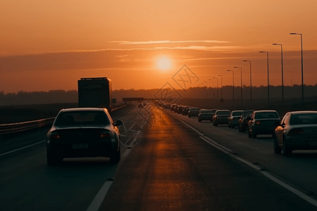 轿车拖车日落时高速公路上的汽车背景