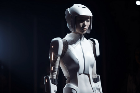 模特走t台未来派机器人的时装秀设计图片