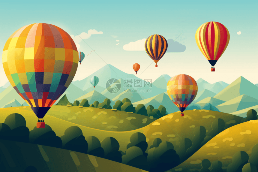 热气球飞越绿色田野艺术插图图片