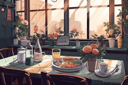 现代咖啡馆现代风格早餐咖啡馆插图插画