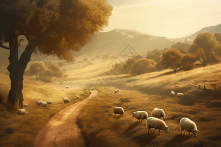 蜿蜒的小路山路上放牧的山羊3D概念图设计图片