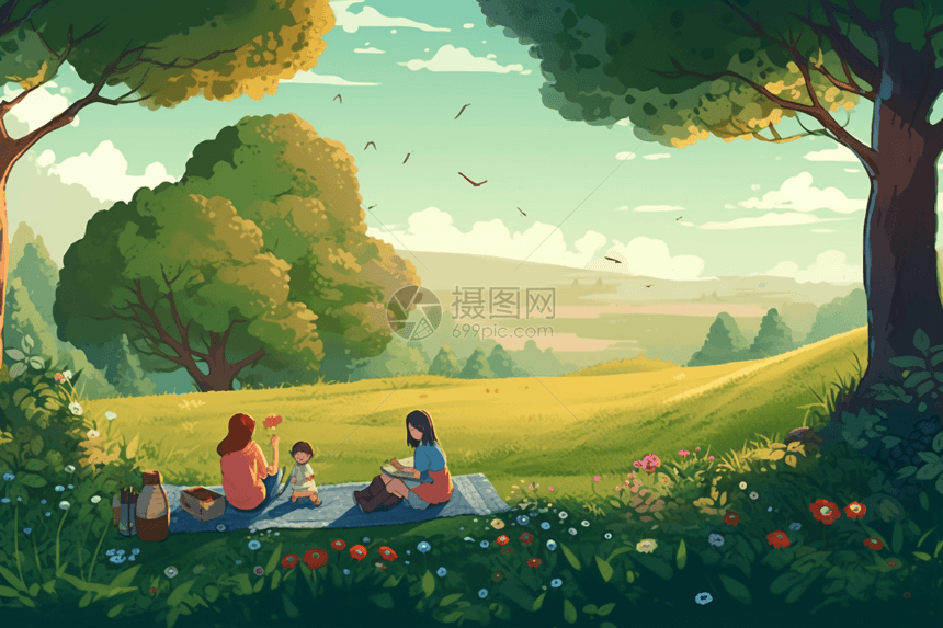 小伙伴春天绿色草地上野餐插图图片