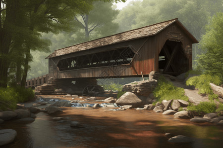 乡村河流上廊桥的绘画插图插画