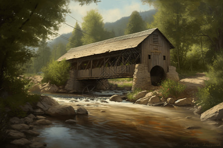 乡村河流上廊桥的艺术插图图片