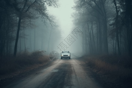 雾霾道路上行驶的汽车图片