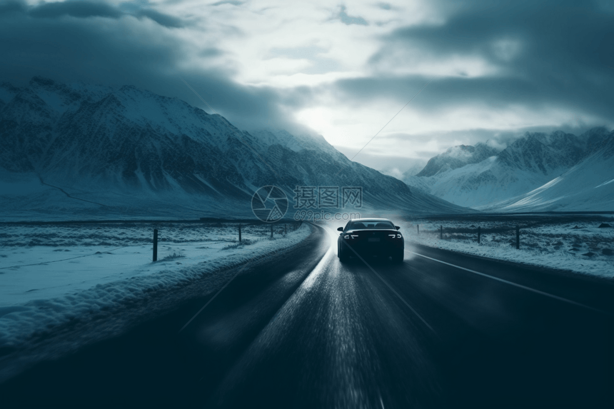 在积雪的道路上行驶的汽车图片