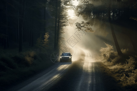在蜿蜒的森林道路行驶的汽车图片