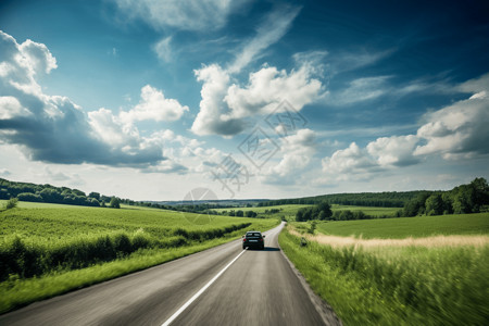 绿色乡村公路上行驶的汽车背景图片