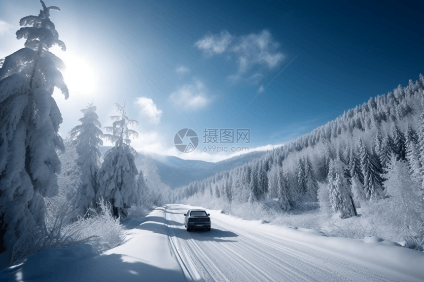 白雪覆盖的山路上行驶的汽车图片