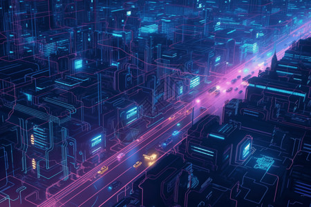 未来城市服务未来派城市数据服务景观插画