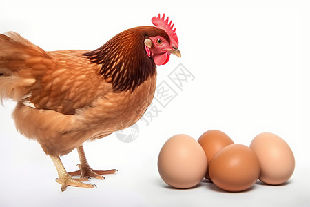 活鸡母鸡和三个鸡蛋背景