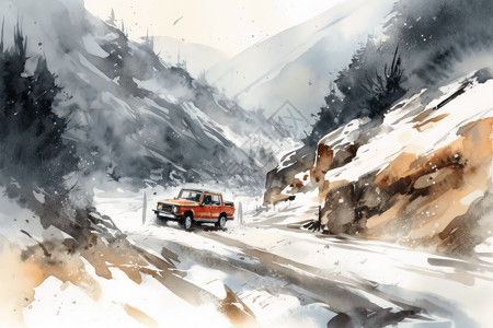 新能源汽车驶过雪山山口的水彩插图图片