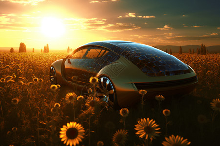 向日葵花丛边框在花丛中的太阳能汽车背景