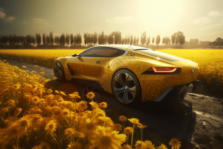 向日葵花丛边框黄色的太阳能汽车背景