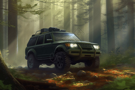 行驶在森林中的SUV背景图片