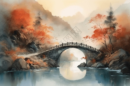 中国乡村建筑传统的桥梁建筑插画