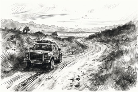 混泥土车SUV在偏远的荒野地区驶过插画