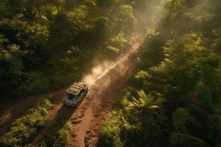 树林小道行驶在森林小路上的汽车设计图片