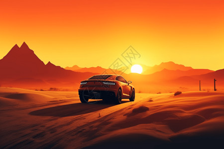 沙漠中的车沙漠中行驶的汽车插画