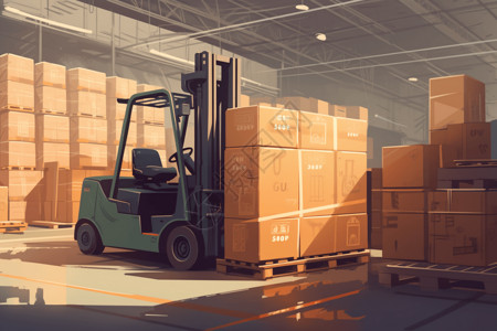 配送货物仓库中搬运货物的叉车插画