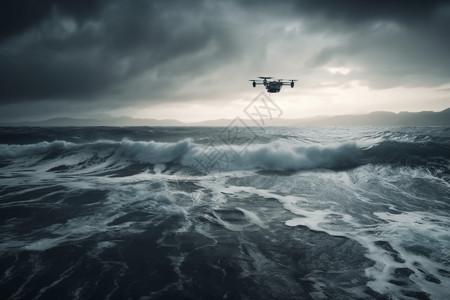 科技海洋无人机在大海上飞行背景