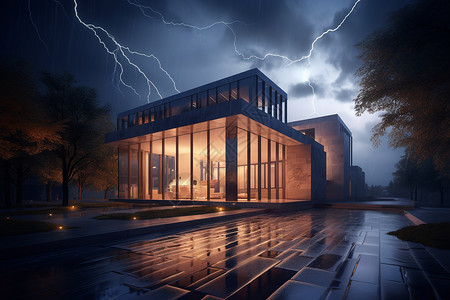 黑夜闪电暴风雨期间的美术馆大楼设计图片