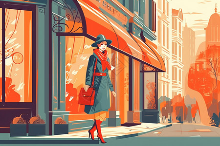 城市街拍商店前面的时髦女人插画