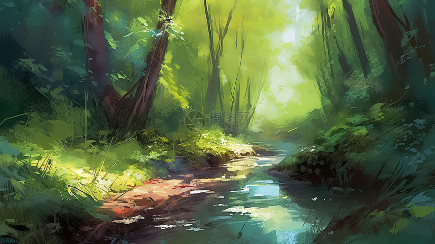 森林里一条小溪图片