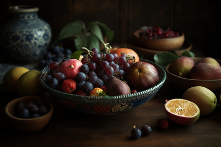 木桌上的多种水果图片