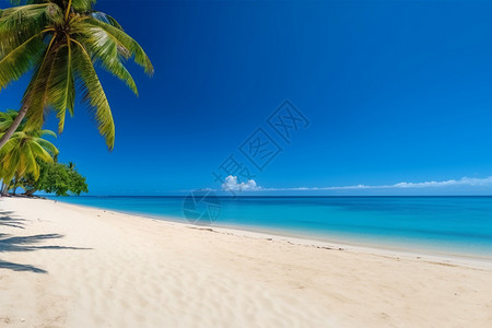 一棵椰树金沙海滩椰树和深蓝色的天空背景