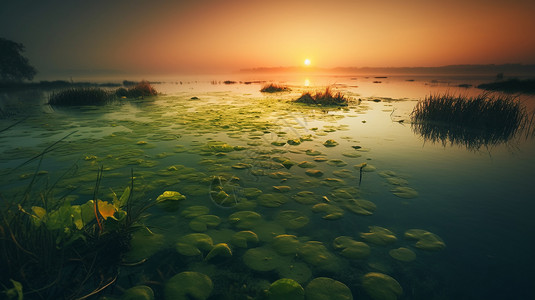 藻类薄雾笼罩的湖泊的日落或日出插画