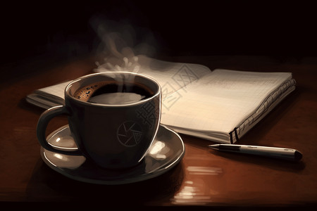 咖啡特写桌子上有着咖啡和笔记本插画