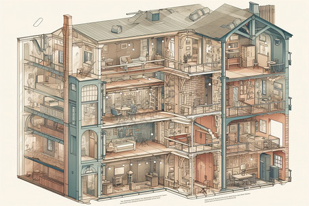 楼层剖面图建筑物的剖面图显示了不同的楼层及其用途插画